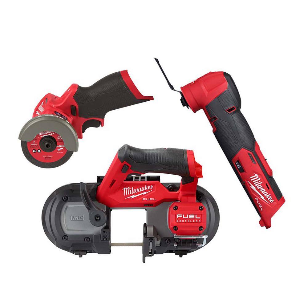 MW M12 FUEL 12-Volt Lithium-Ion Cordless Compact Band Saw M12 FUEL Oscillating Multi-Tool and M12 FUEL 3 in. Cut Off Saw 2529-20-2526-20-2522-20