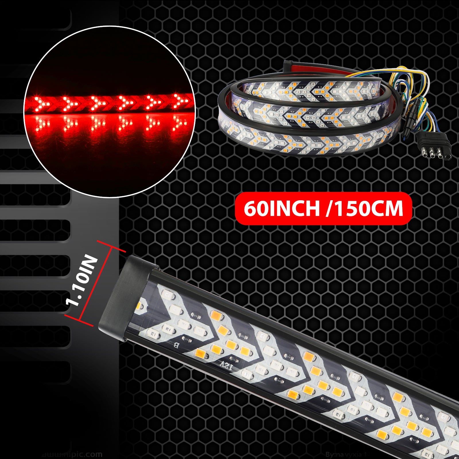 60/48inch Truck Tailgate Side Bed Light Strip Bar， TSV LED Turn Signal Brake Reverse Lights for 12V Trailer Pickup Jeep RV Van Dodge Ram Chevy GMC， Waterproof Tailgate LED Light Strip Bar