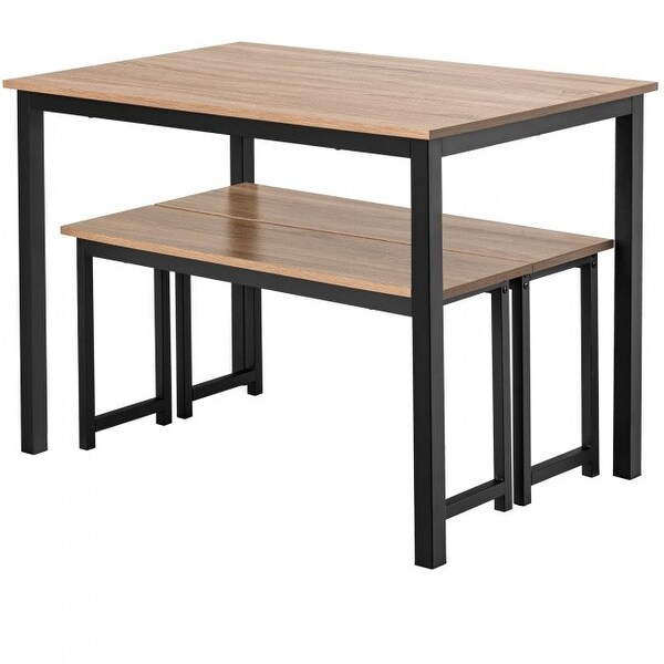 3 Pieces Modern Dining Table Bench Set with Wooden Tabletop and Metal Frame