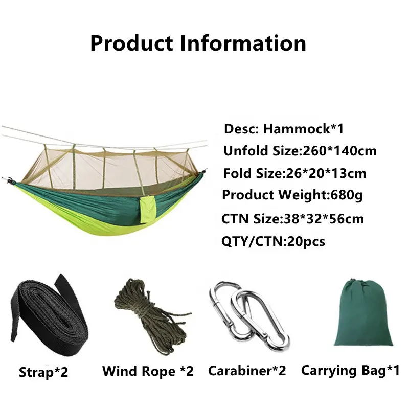 Sale Comfortable Easy Hanging 210T Parachute Hiking Foldable Swing Camping Outdoor Nylon Hammock With Mosquito Net