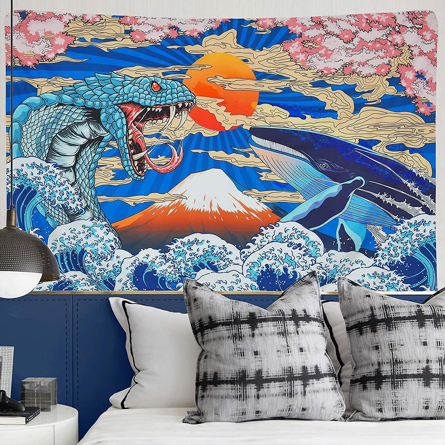 Japanese Tapestry Ocean Wave Tapestry Sunset Tapestry Trippy Snake And Whale Tapestry Anime Tapestry Wall Hanging For Bedroom Living Room (59.1 X 82.7