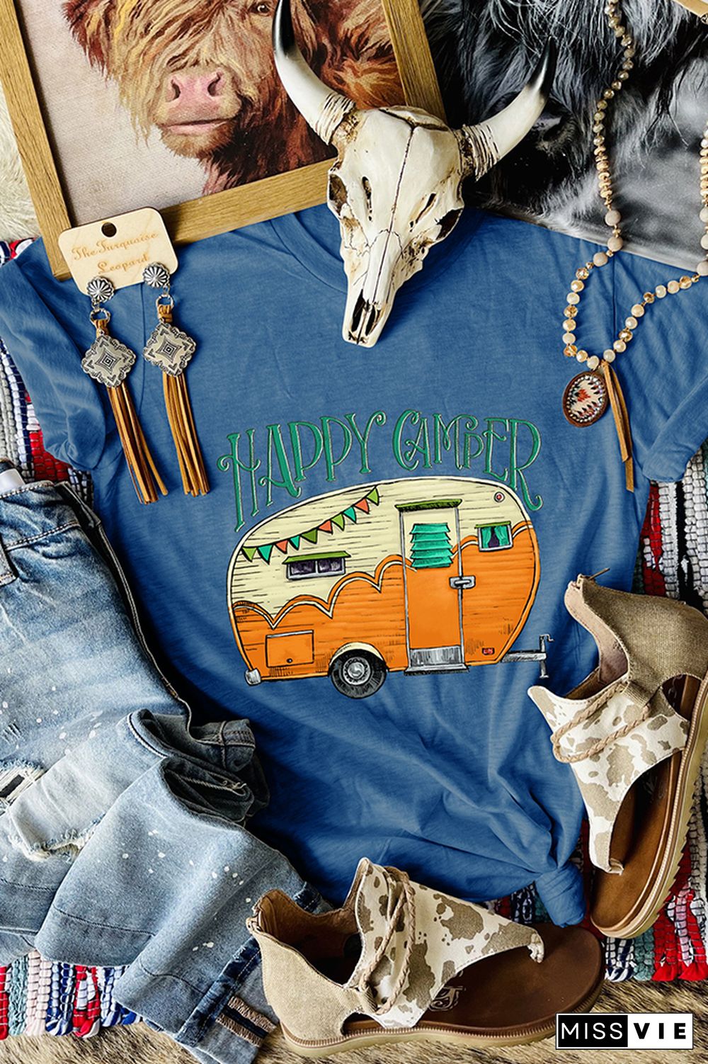 Blue HAPPY CAMPERD Print Graphic Tee