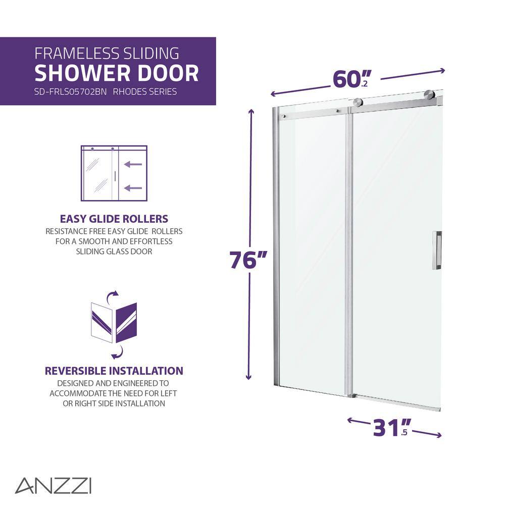 ANZZI Rhodes 60 in. W x 76 in. H Sliding Frameless Shower DoorEnclosure in Brushed Nickel with Clear Glass SD-FRLS05702BN