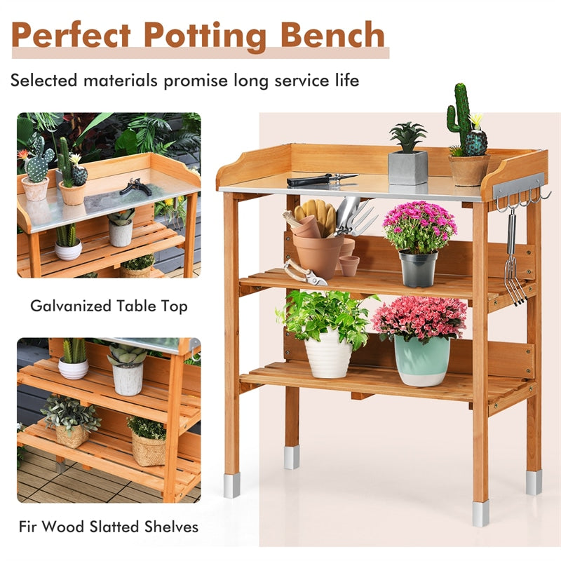 Outdoor Wooden Garden Potting Bench Work Station Storage Shelf with Hook