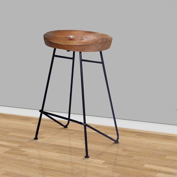 26 Inch Industrial Counter Height Stool， Contoured Mango Wood Seat， Iron， Cafe Brown， Black - Multi