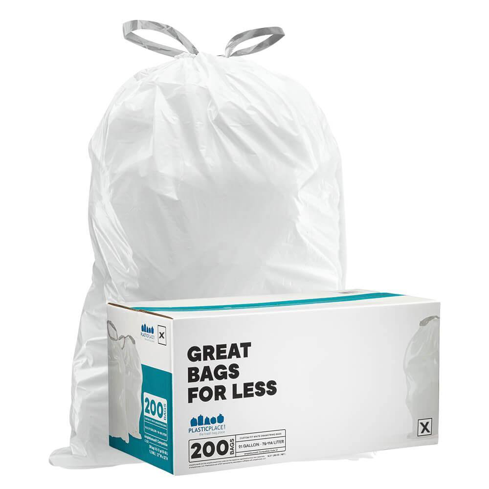 Plasticplace 21 Gallon  80 Liter White Drawstring Garbage Liners simplehuman* Code X Compatible 26