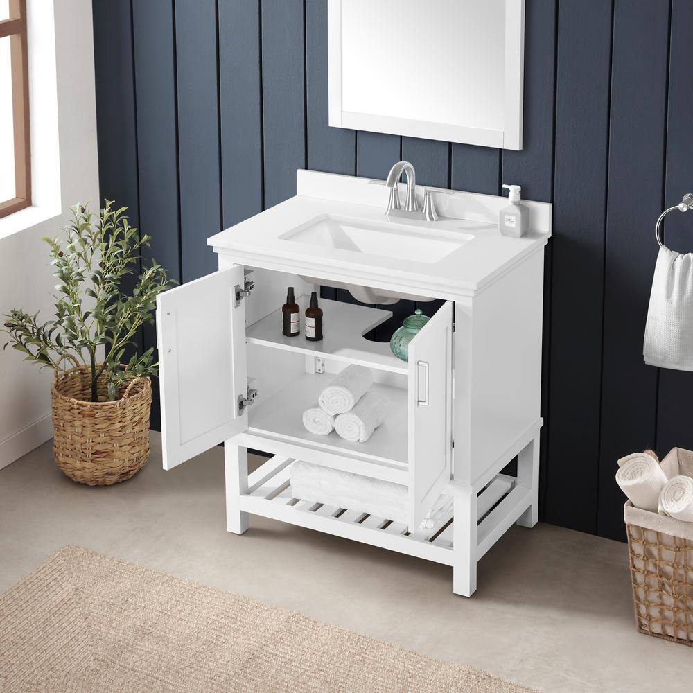 Home Decorators Collection Tupelo 30 in. W x 19 in. D x 34.50 in. H Freestanding Bath Vanity in White with White Engineered Stone Top Tupelo 30W