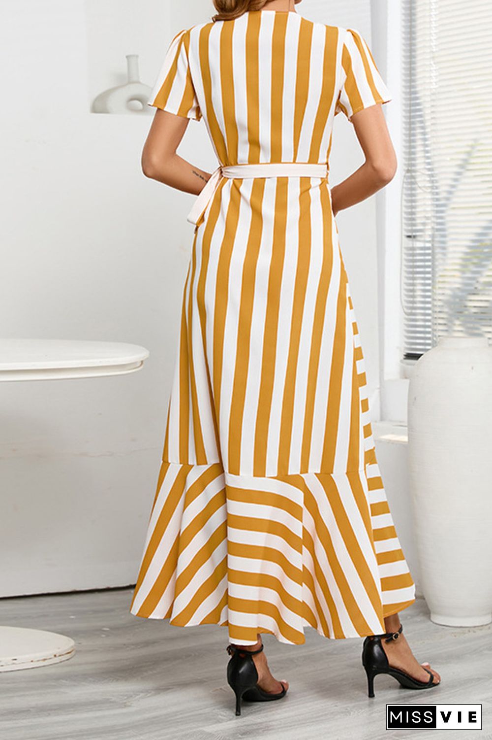 Stripes Splicing Irregular Ruffle Maxi Dress