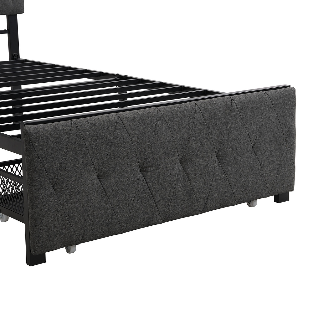 Metal Storage Platform Bed with Big Drawer   Linen Upholstered Headboard