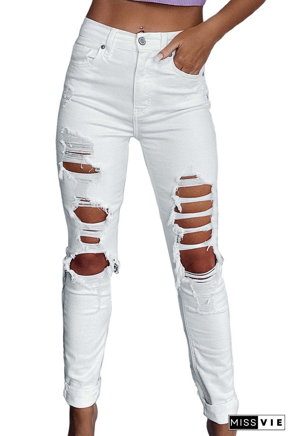 White Distressed Ripped Holes High Waist Skinny Jeans