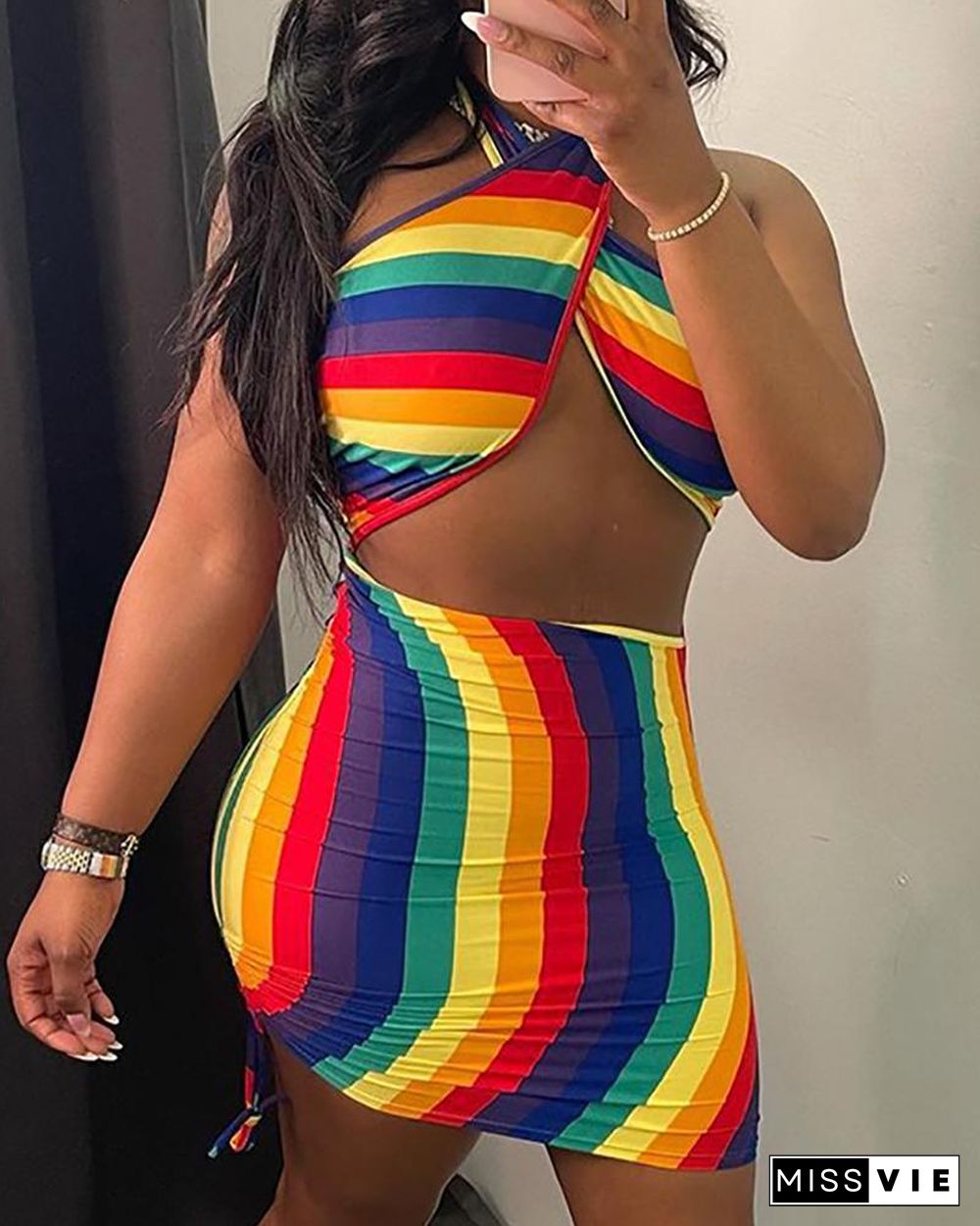 Halter Colorblock Cutout Drawstring Ruched Bodycon Dress