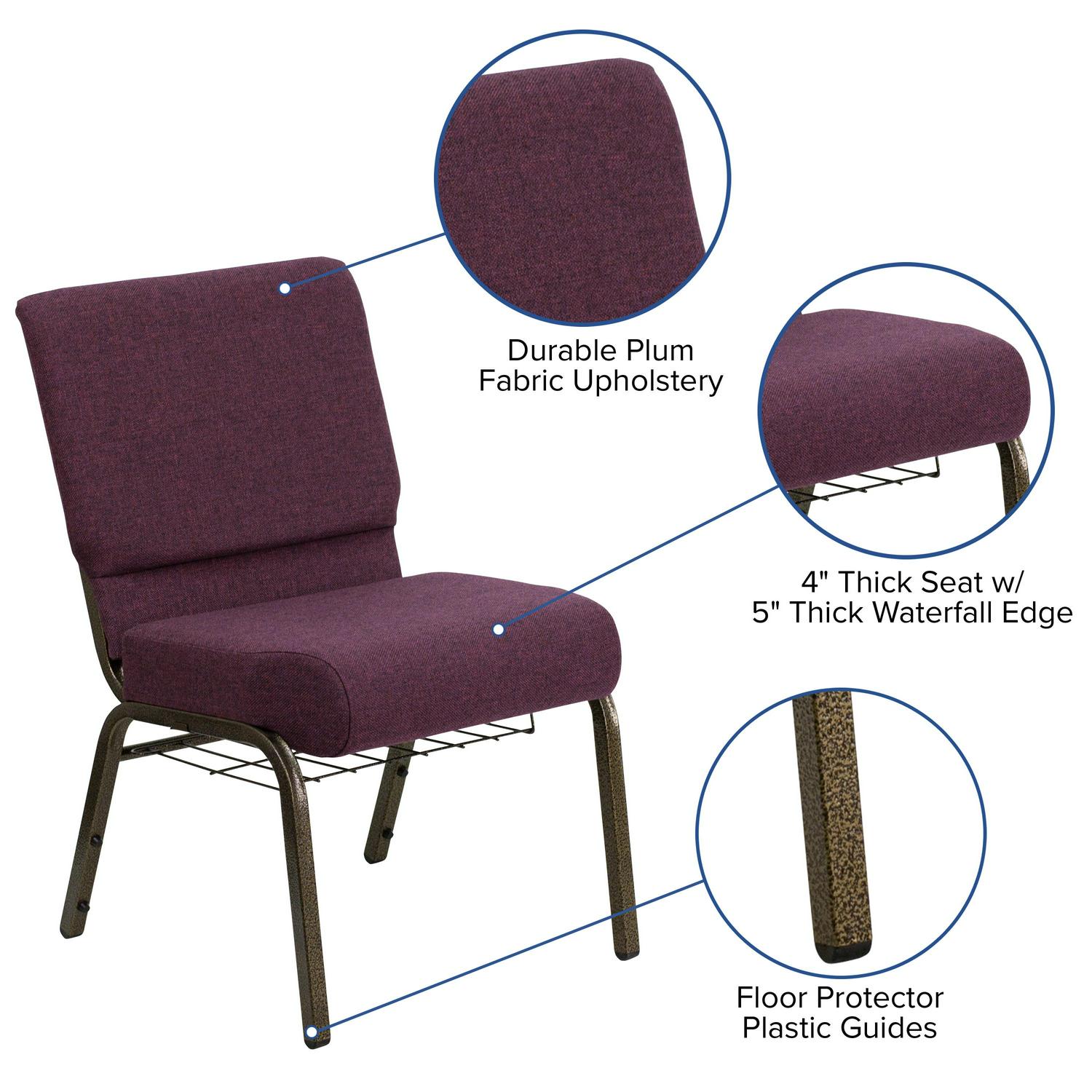 Flash Furniture HERCULES Series 218221W Church Chair in Plum Fabric with Cup Book Rack 8211 Gold Vein Frame  Crowdfused