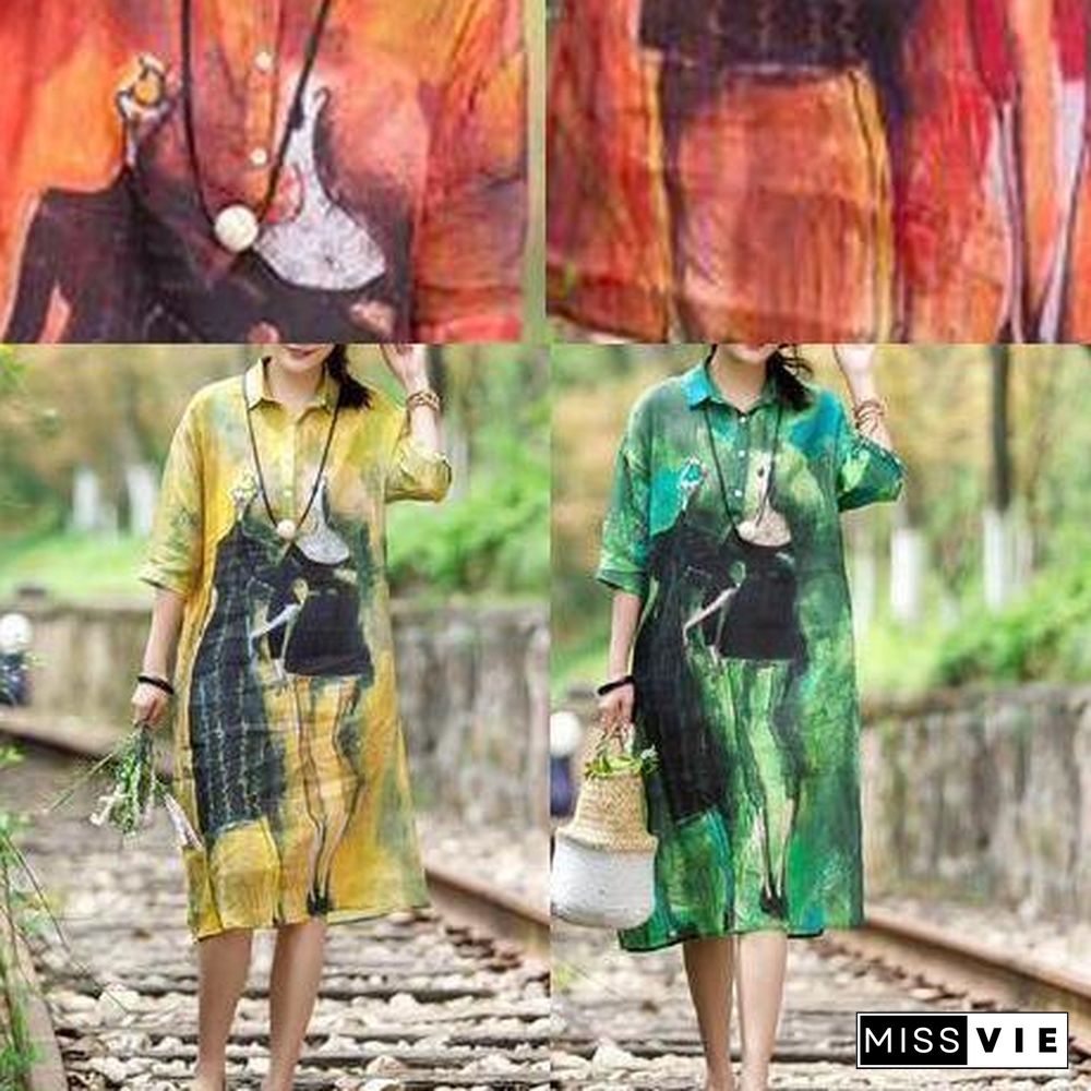 Art linen yellow Robes plus size Women Summer Casual Cute Printed Dress