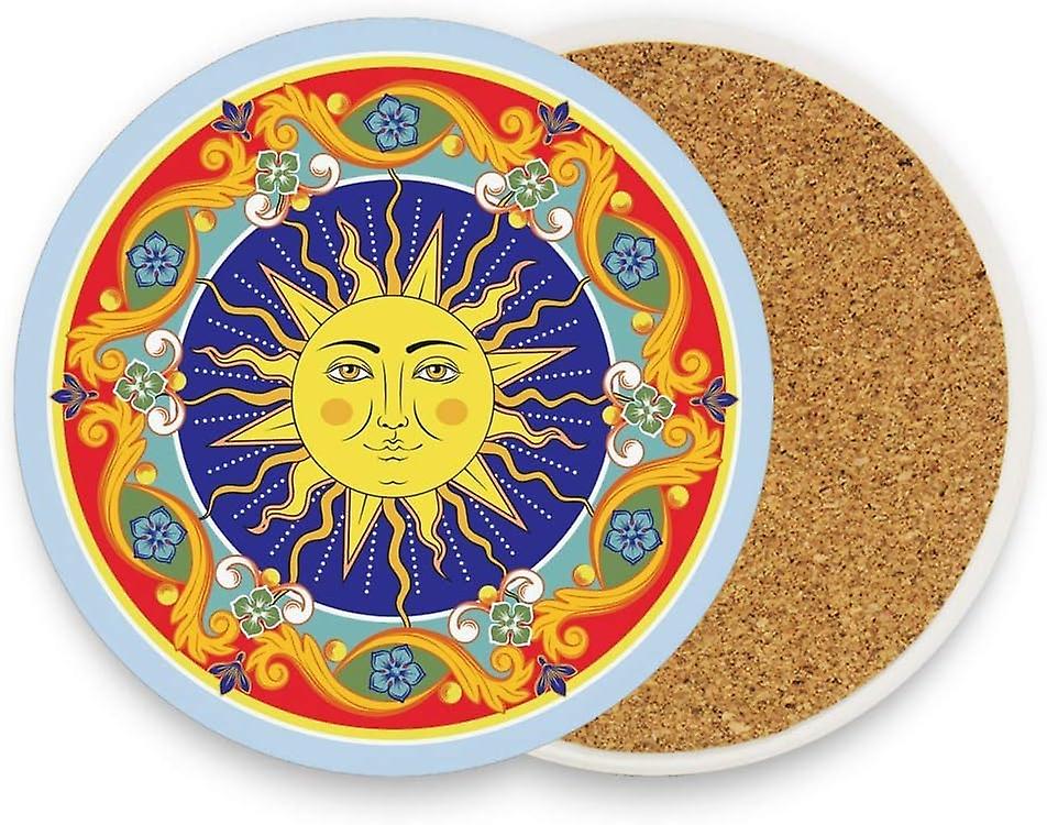 Printed Round Ethnic Sun Ornamental Mandala Ceramic Coasters With Cork-backed For Coffee Drink Cup Mat Absorbent Stone Coaster Set Of 1/2/4