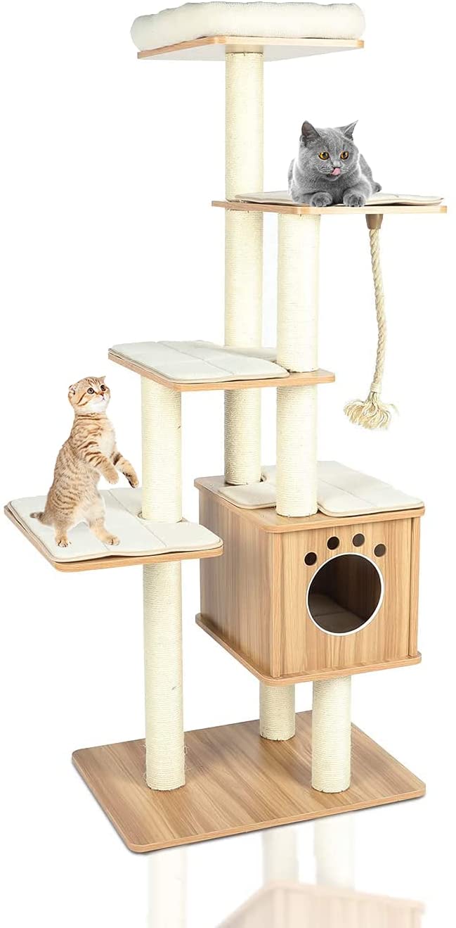 LAZY BUDDY 67'' Cat Tree Condo Multi-Level Wood Cat Tower with Scratching Post， Washable Cushion