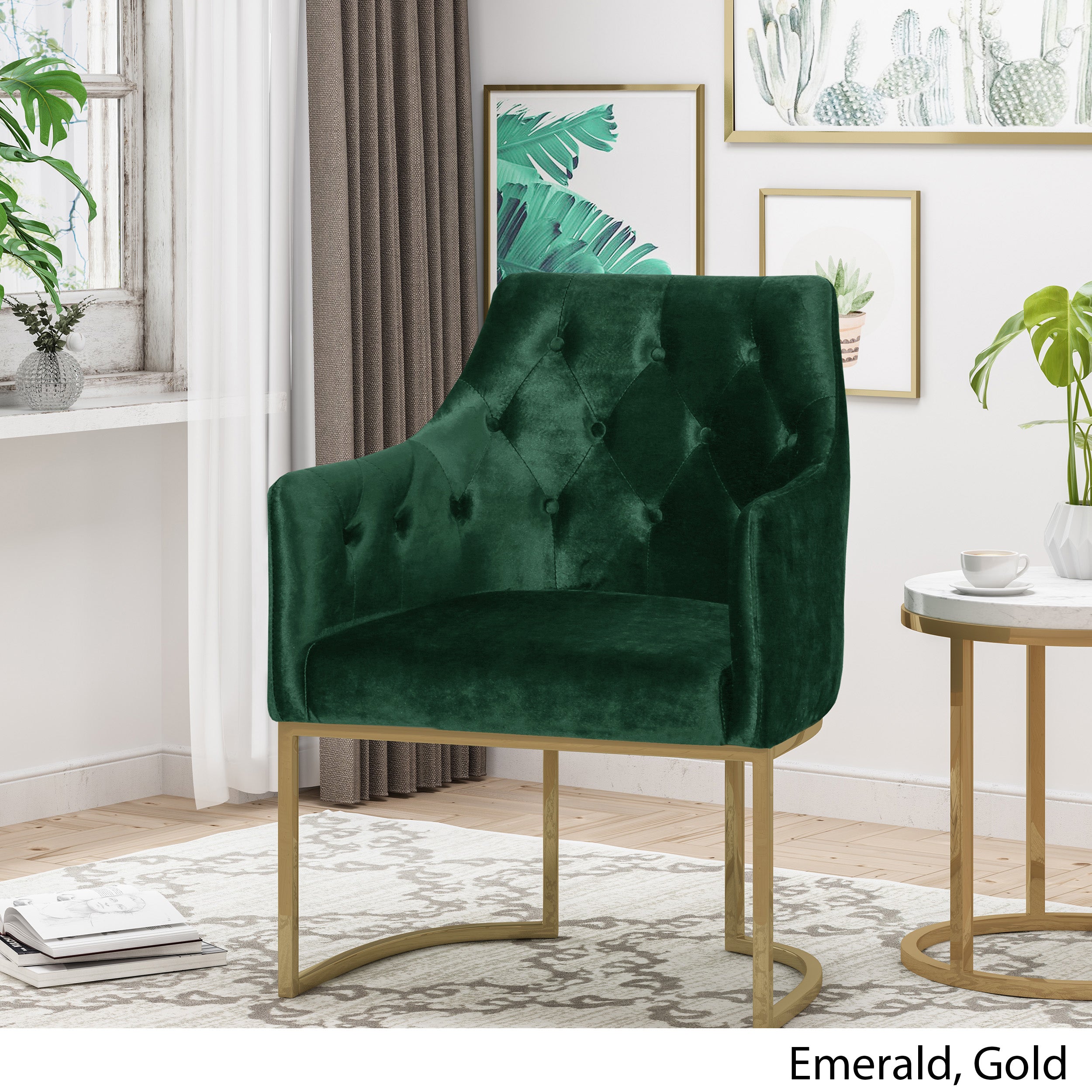 Fern Modern Tufted Glam Accent Chair with Velvet Cushions and U-Shaped Base