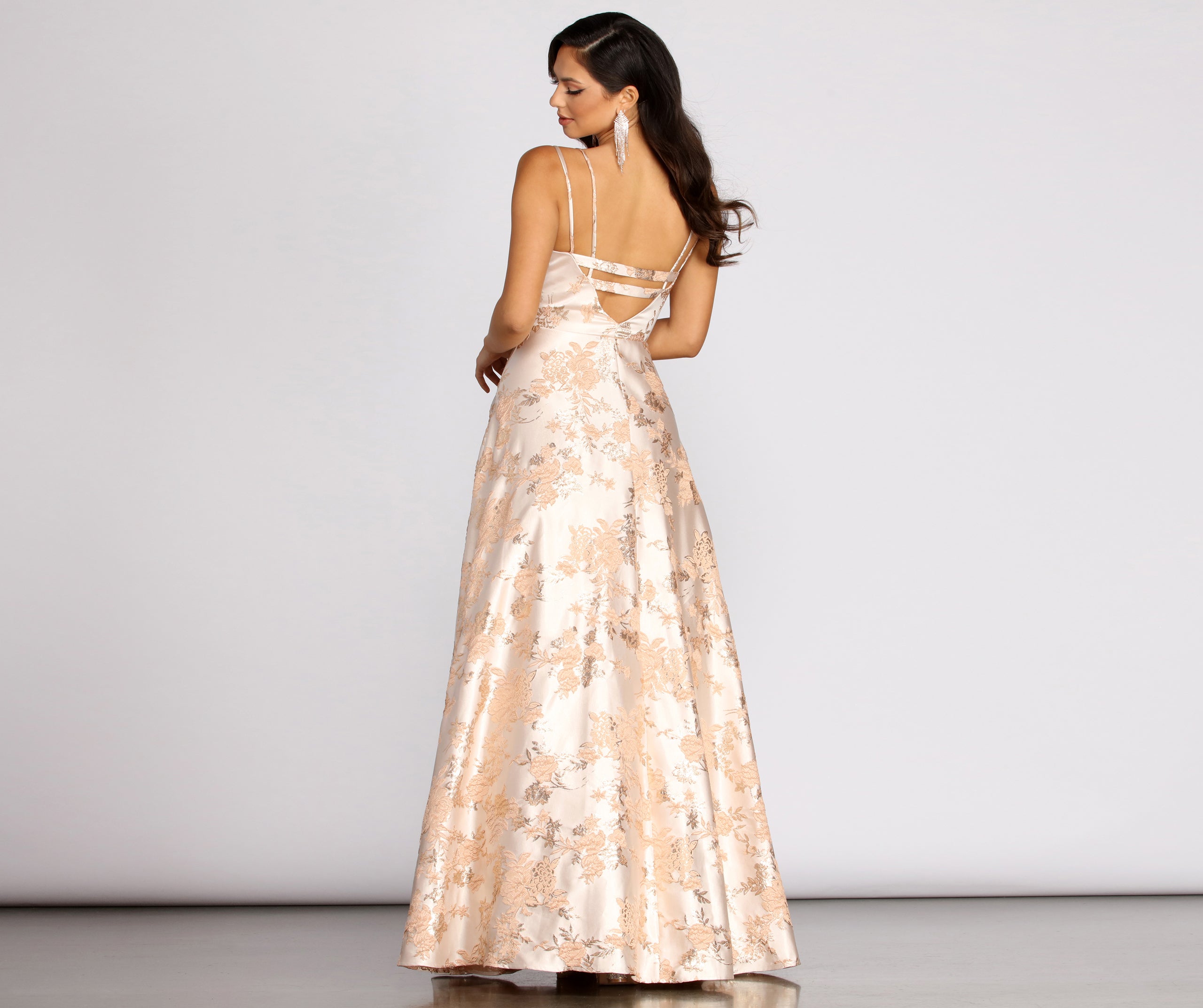 Cherie Floral Jacquard Deep V Ball Gown