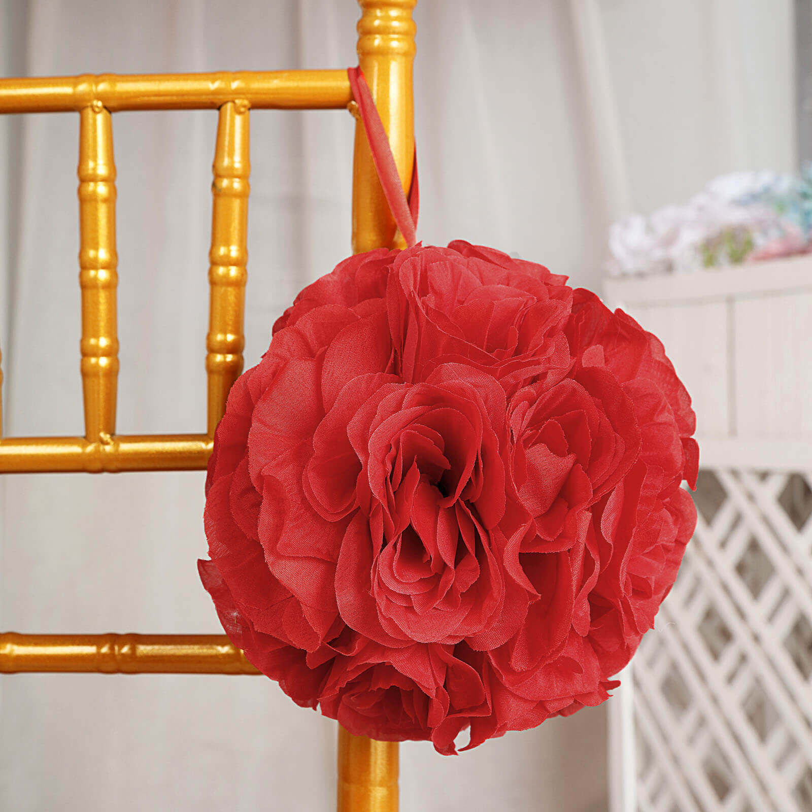 2 Pack Red Artificial Silk Rose Kissing Ball, Faux Flower Ball 7