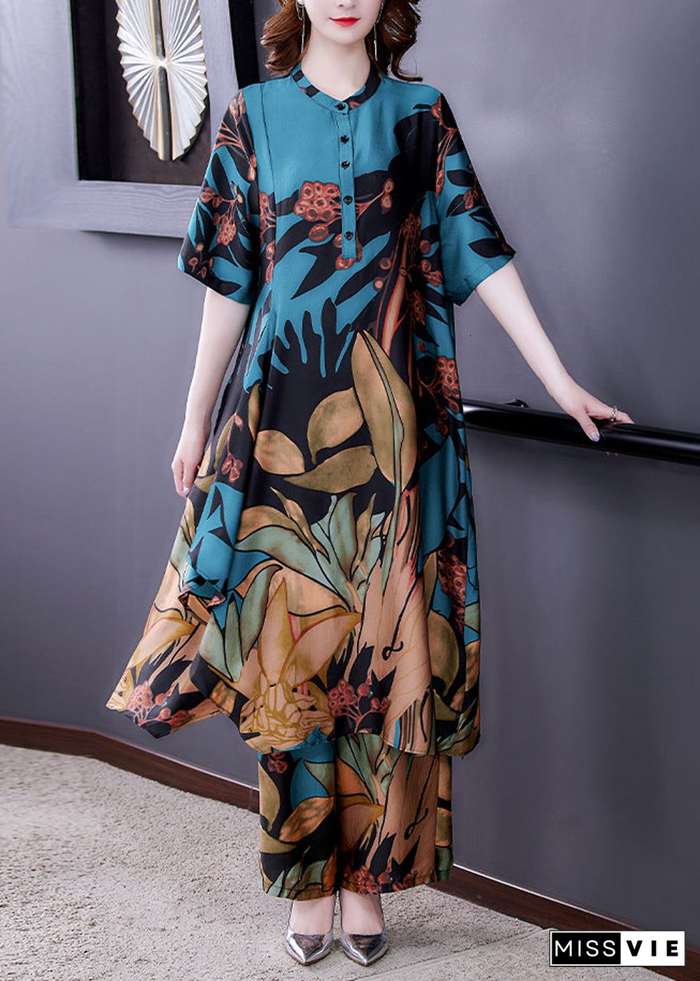 Elegant Blue Stand Collar Print Silk Shirt And Wide Leg Pants Two-Piece Set Half Sleeve