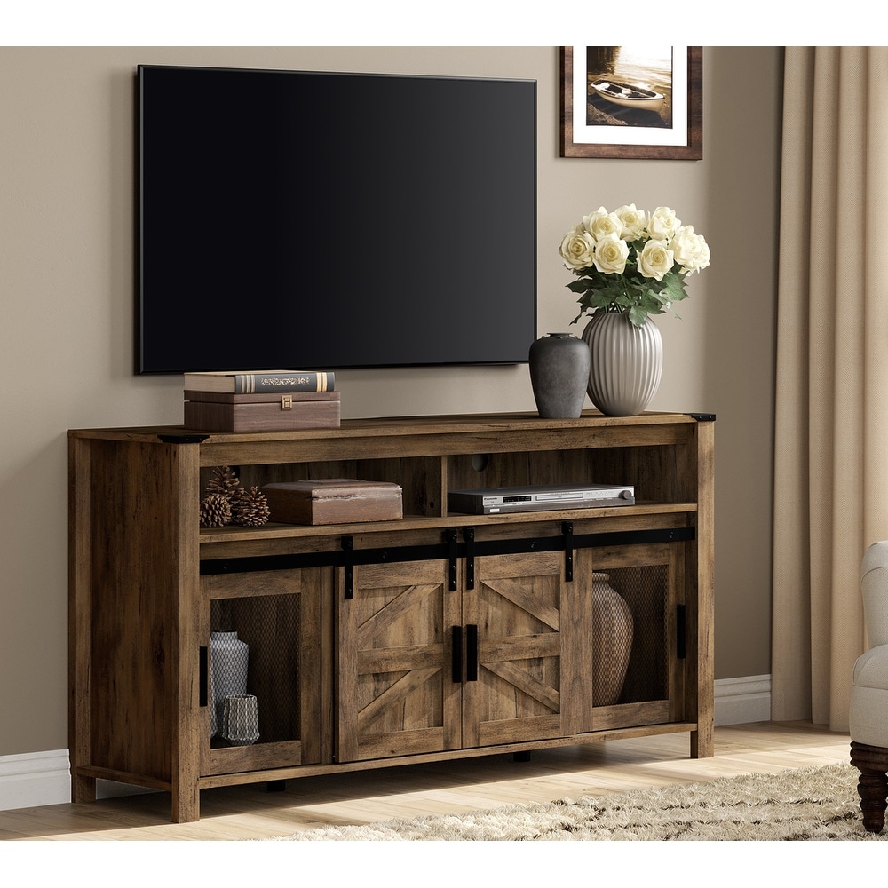 Farmhouse Tall Entertainment Center with Sliding Barn Doors