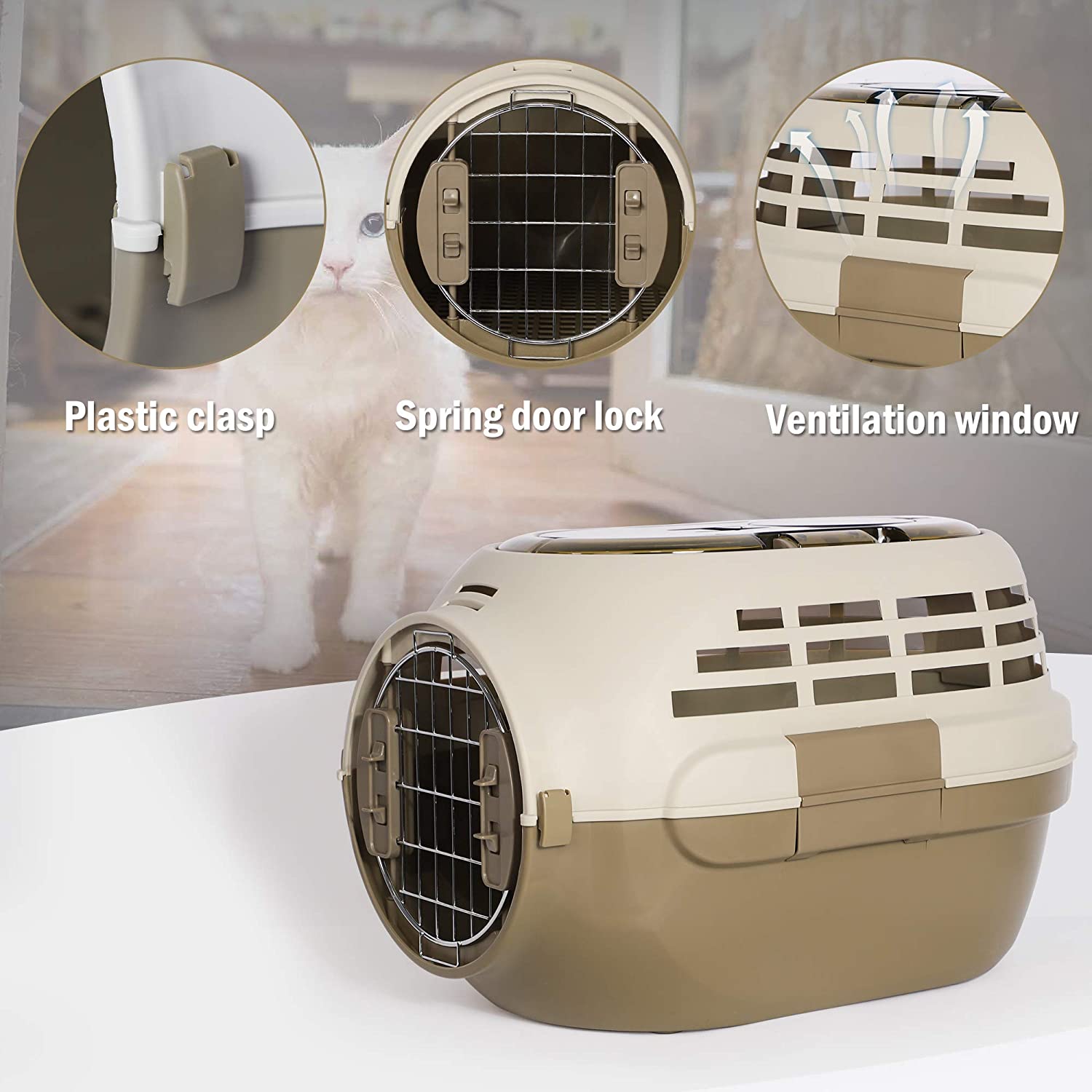 KARMAS PRODUCT Pet Travel Cage Pet Hard-Side Carrier Plastic Pet Travel Kennel for Dog，Heavy Duty Dog Carrier Easy Assembly Pet Airline Box Portable Cage，Animal Carrier，Brown