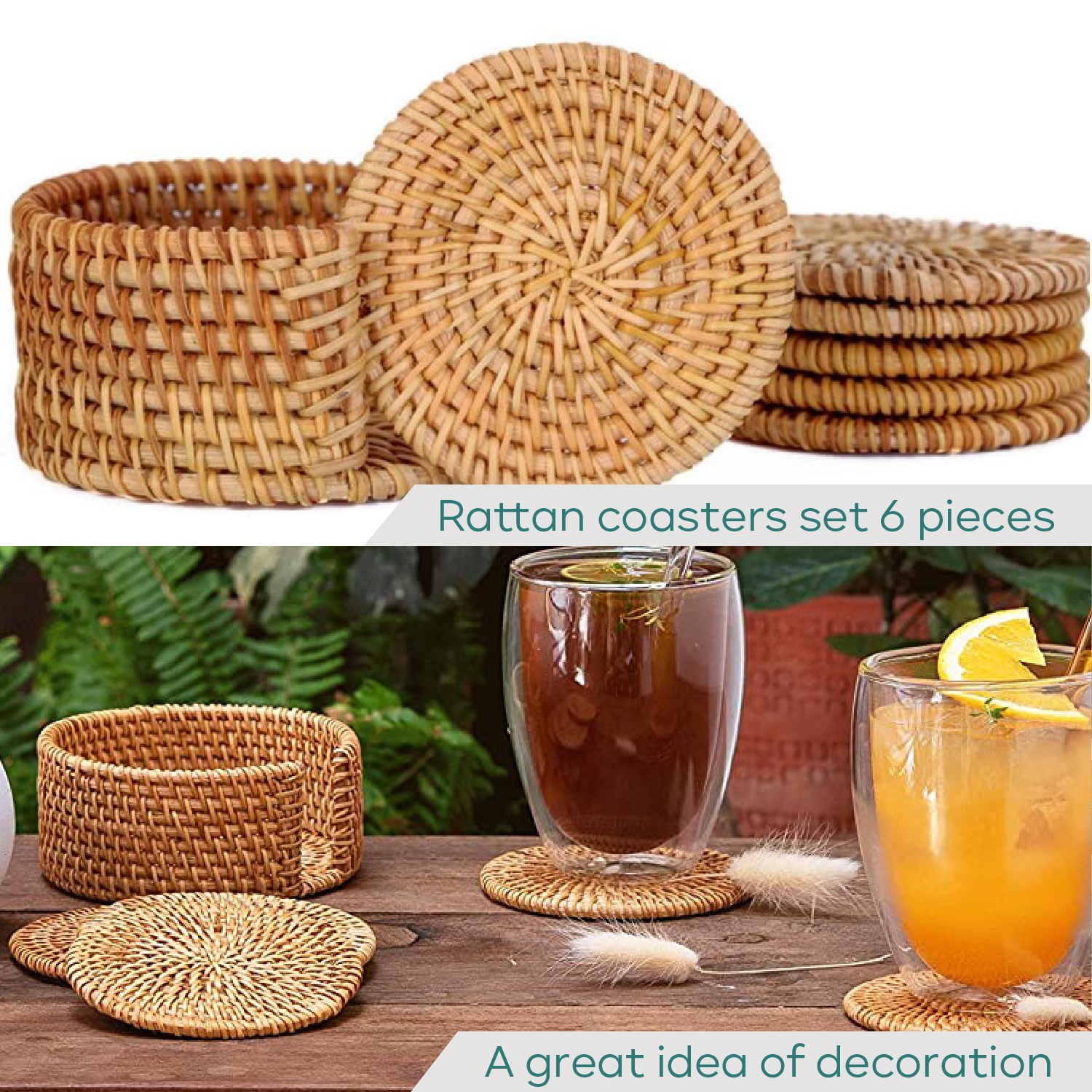 Eneocare Handmade Natural Rattan Coasters for Drinks， Wicker Boho Coasters， Woven Coasters for Drinks | Heat Resistant Reusable Saucers， Round Straw Trivet for Teacup， Set of 6 with Holder