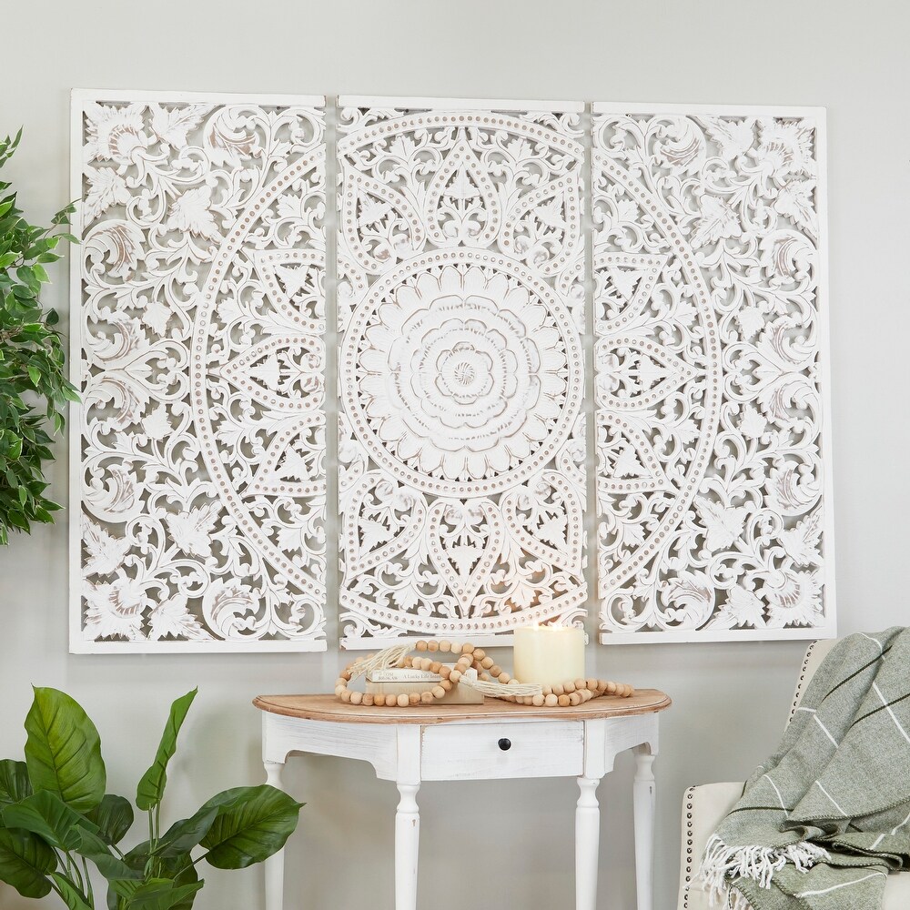 Wood Bohemian Carved Floral Wall Decor ( Set of 3)