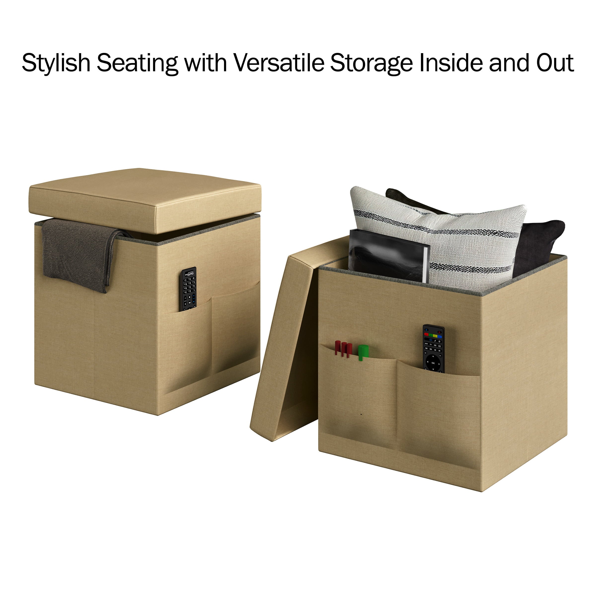 Somerset Home Foldable Ottoman Storage Cubes – 2-Pc Linen Beige