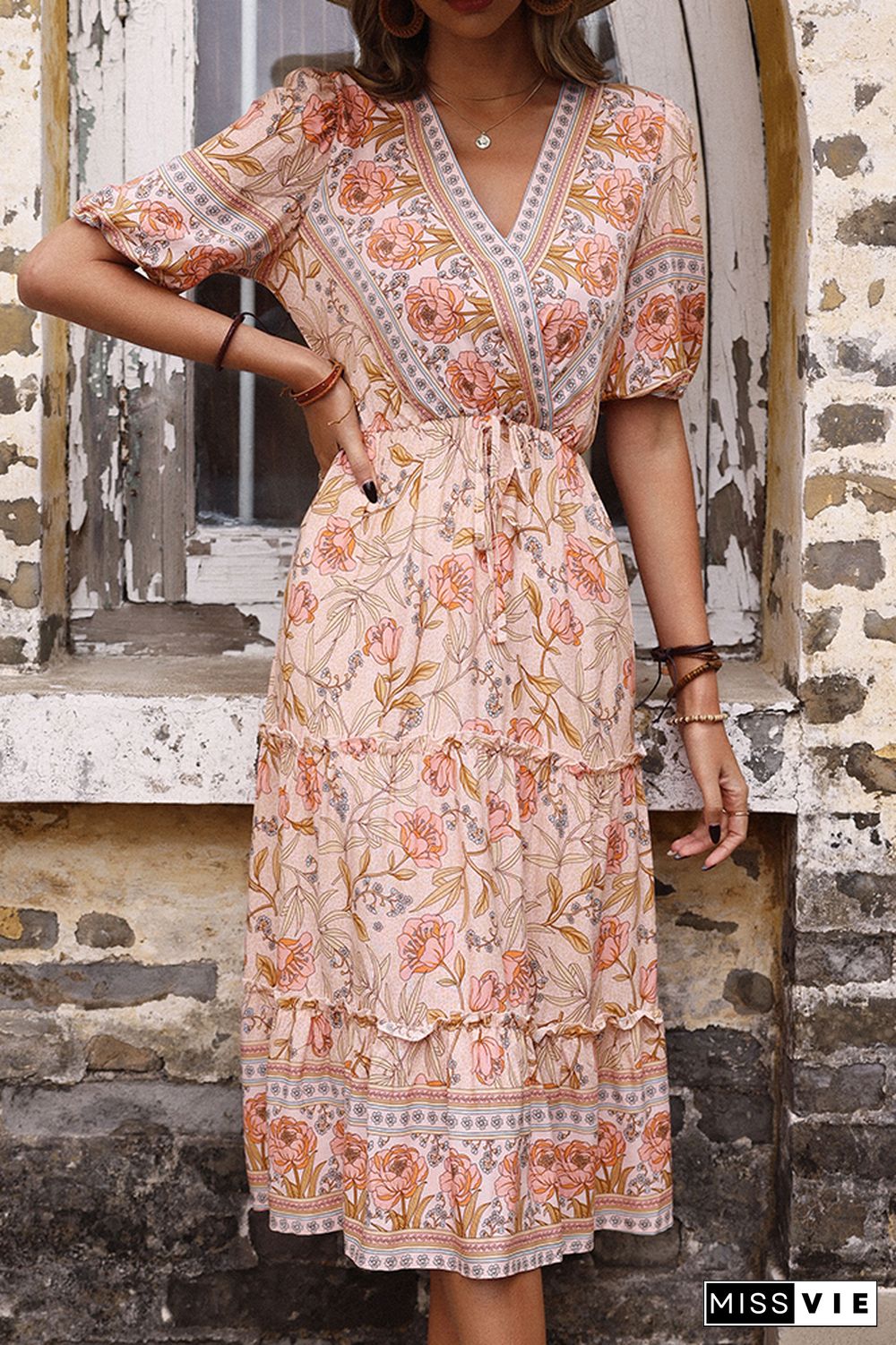 Floral Print V-neck Short Sleeve Waisted Long Dress Wholesale