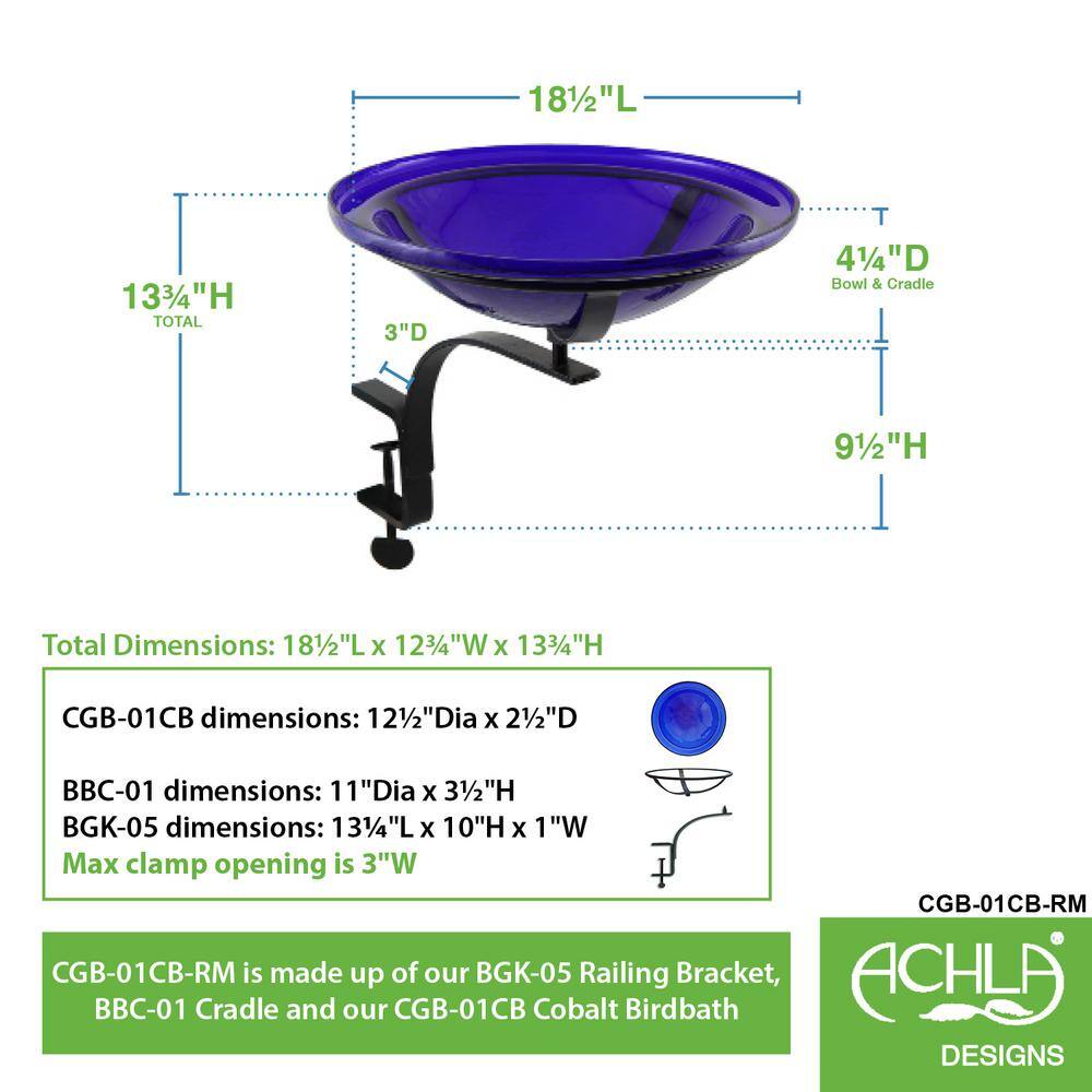 Achla Designs 12.5 in. Dia Cobalt Blue Reflective Crackle Glass Birdbath Bowl with Rail Mount Bracket CGB-01CB-RM