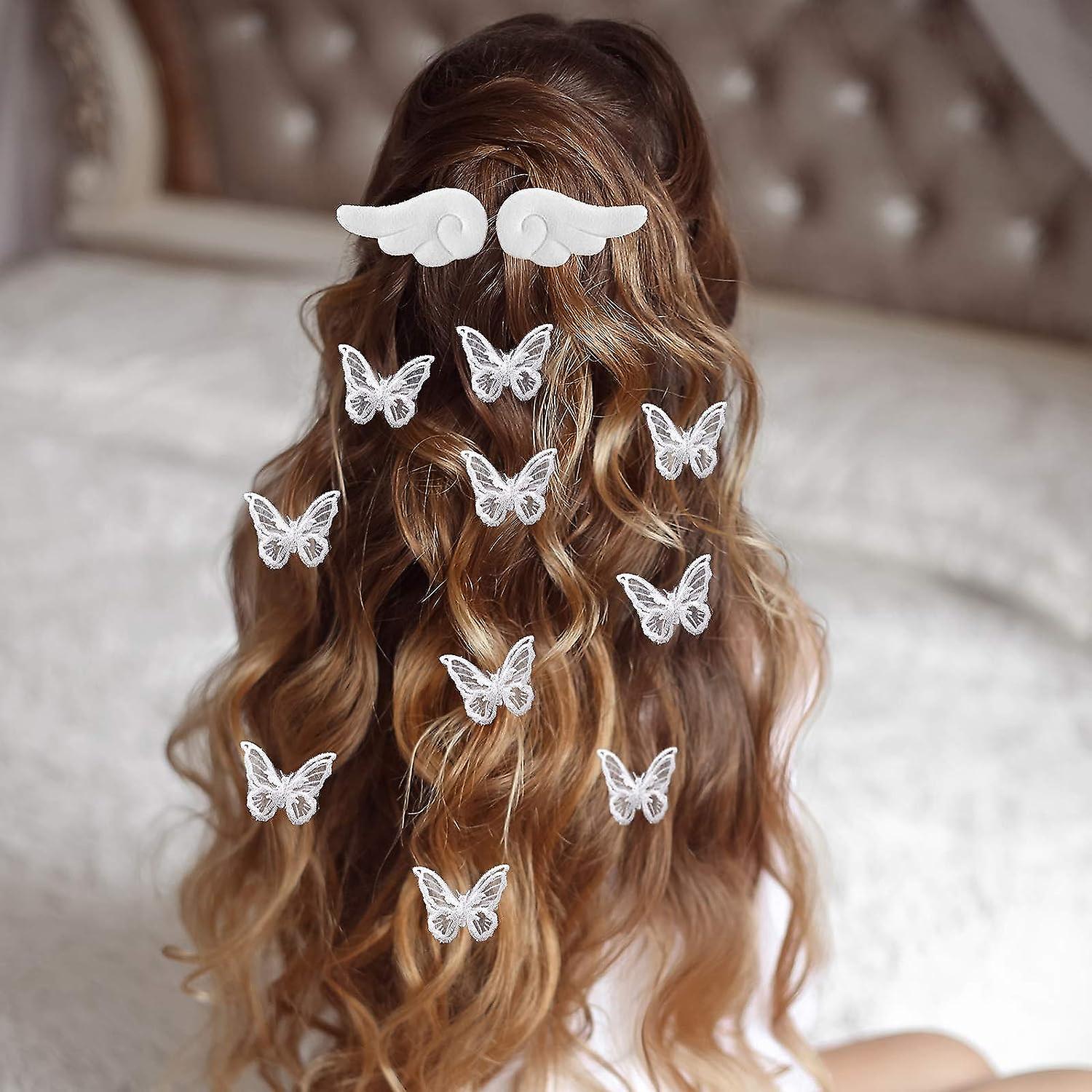 2 Pairs Angel Wings Hair Clips And 12 Pieces Butterfly Lace Hair Clips， Cartoon Hairpins Cute Hair Plush Barrettes And Embroidery Butterfly Hairpins L