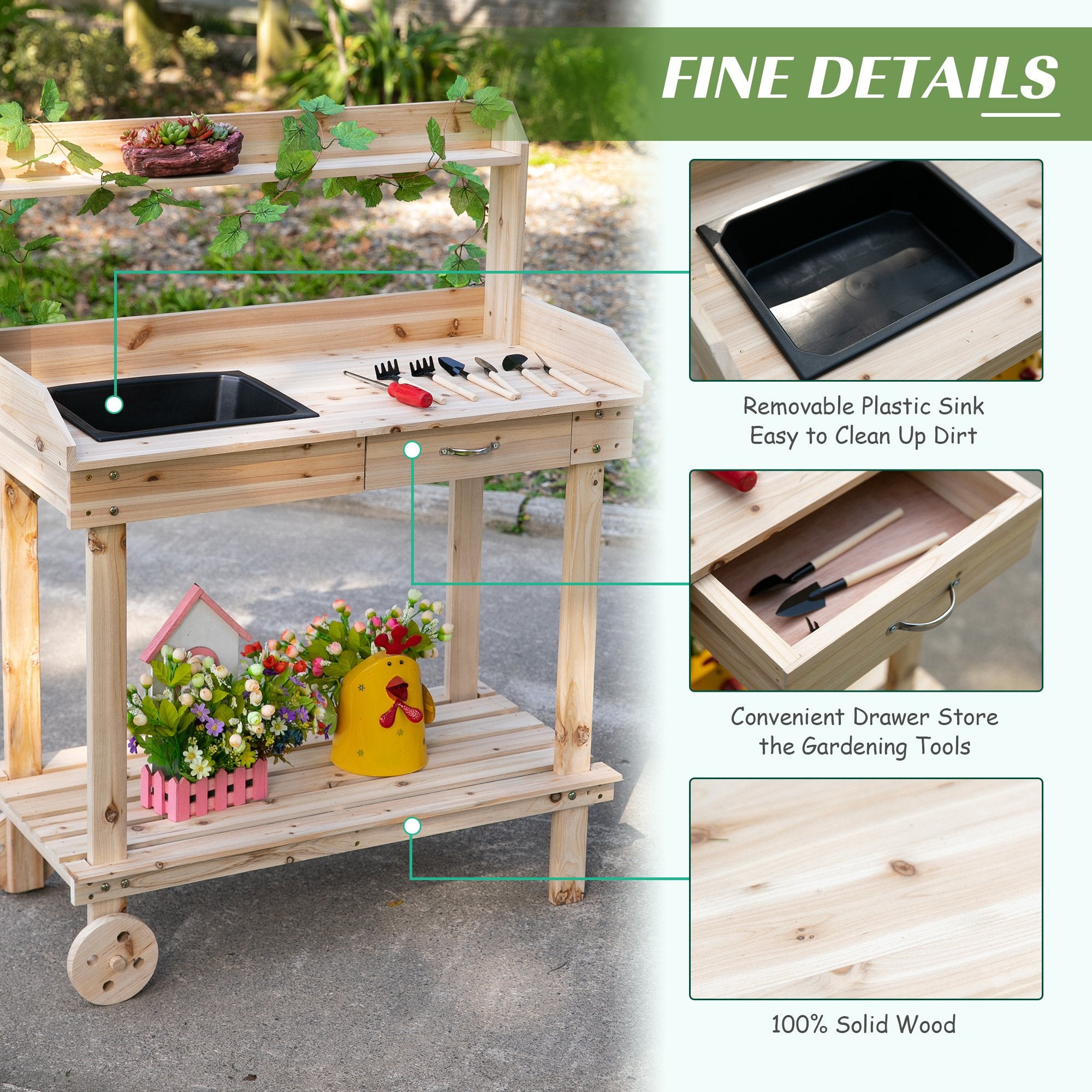 36'' Gardening Workbench with 2 Removable Wheels, Sink, Drawer & Large Storage Spaces, Wooden Potting Bench Work Table Natural