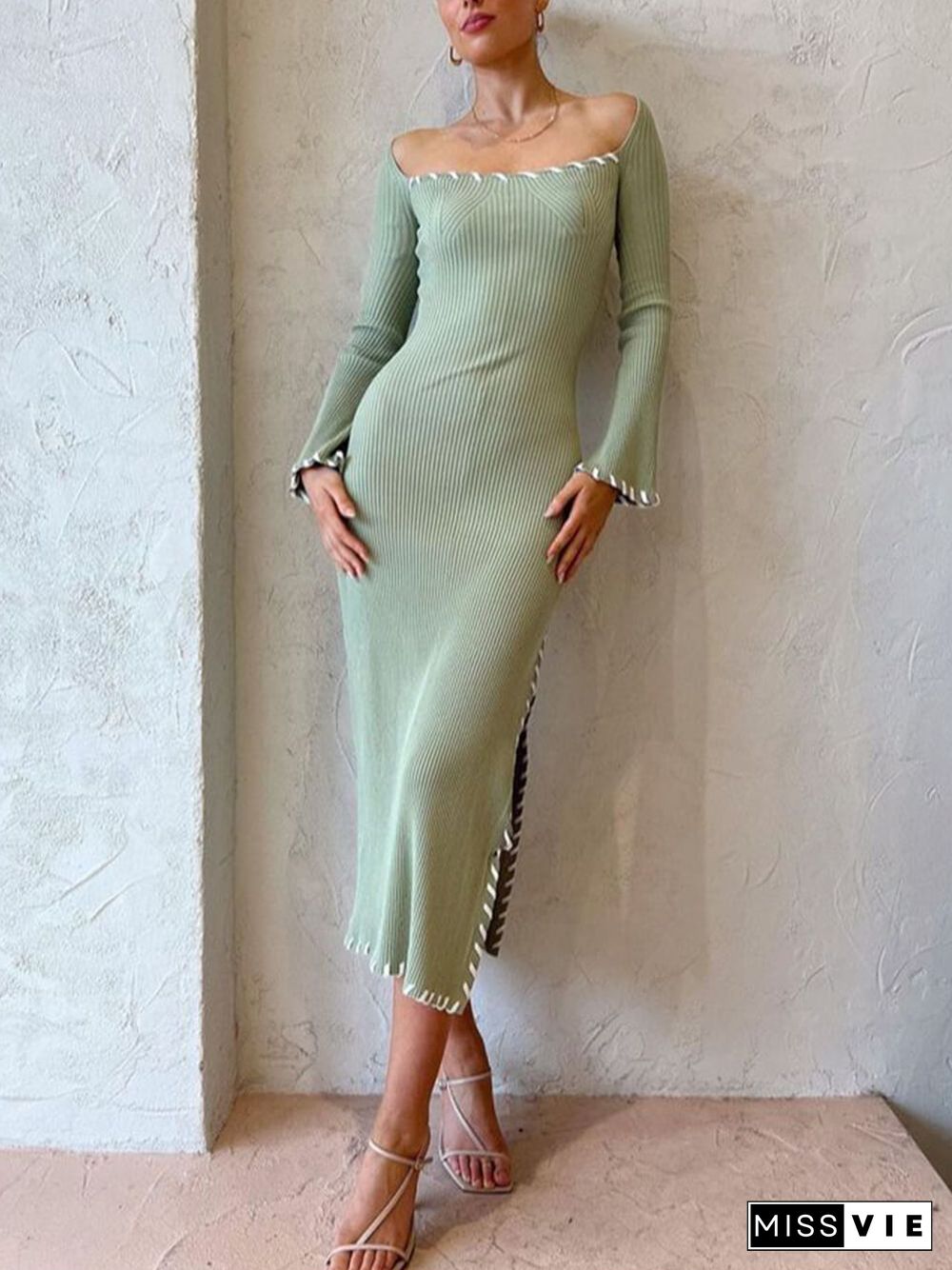 High Waist Solid Color Bodycon Slit Midi Dress