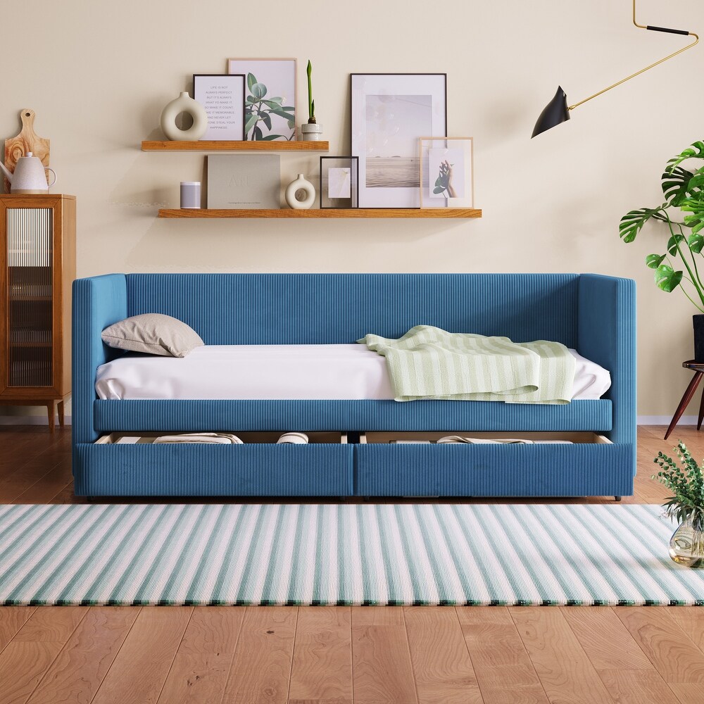 Blue Modern Twin Size Corduroy Daybed with 2 Large Storage Drawers and Solid Wood Slats Support  for Lawn Living Room Mild Rest