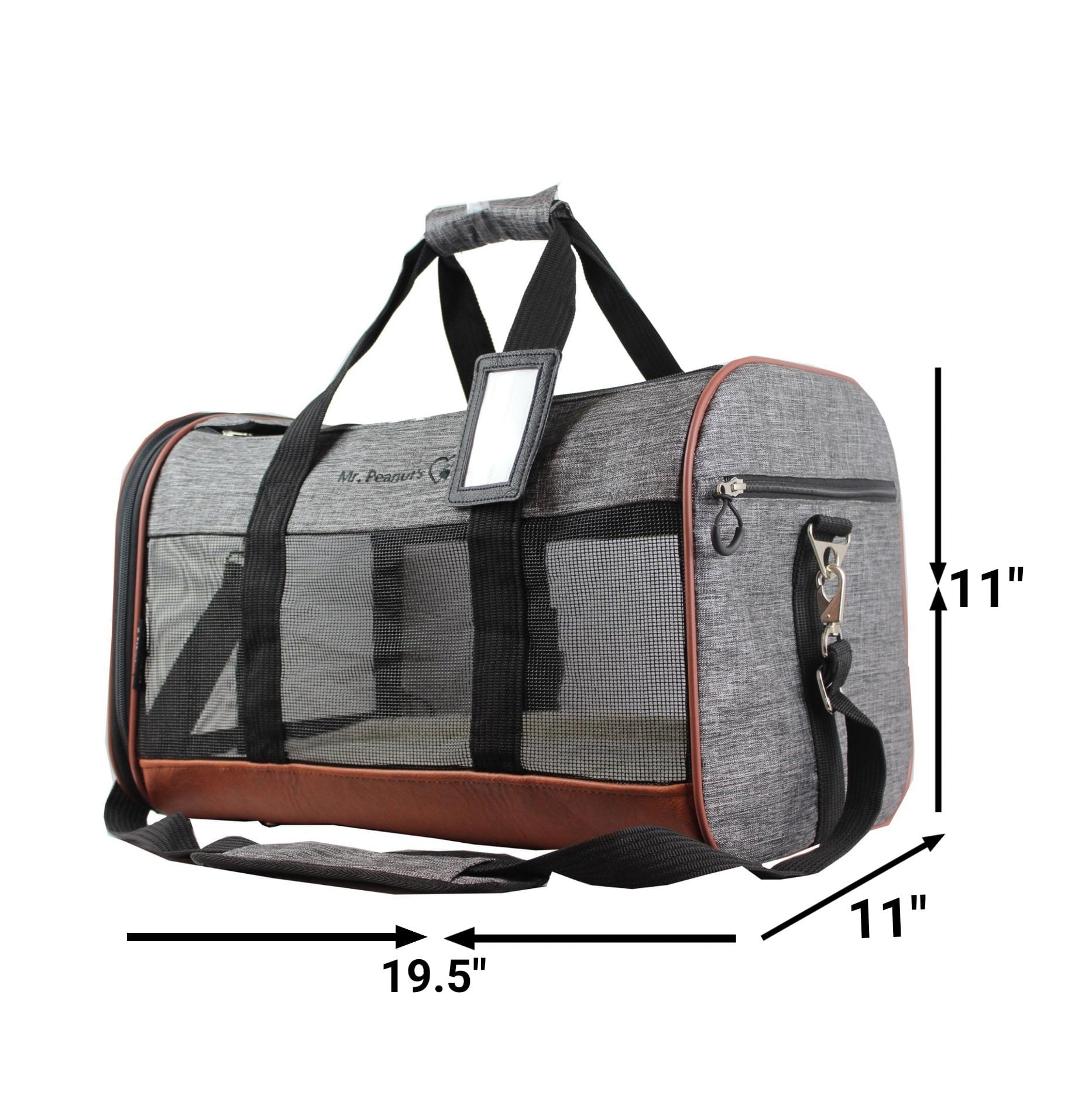 Mr. Peanut's Rhodium Series Airline Capable Soft Sided Pet Carrier， Plush Fleece Bedding and Sturdy Plywood Base， Premium Self Locking Zippers， Secure Carrying Strap， 19x11x11