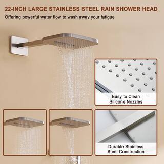 Mondawe Pressure Balanced 4-Spray Patterns 22 in. Wall Mounted Rainfall Dual Shower Heads with 6 Body Spray in Brushed Nickel WF6855-22BN