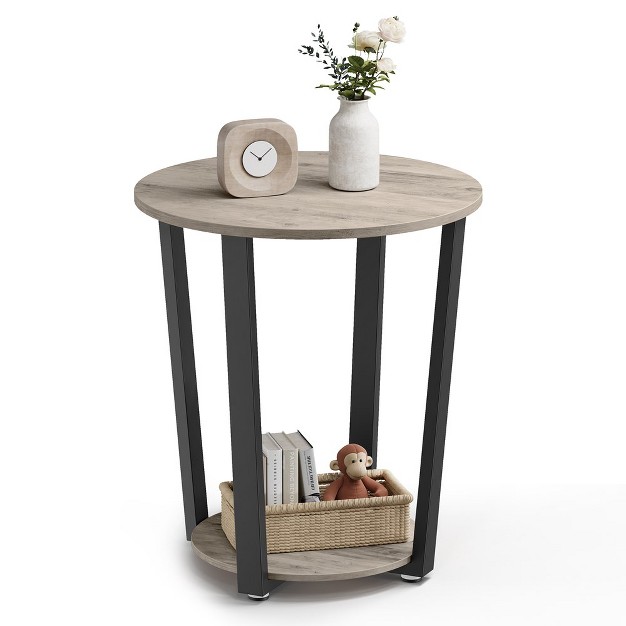 Vasagle End Table Round Side Table With Storage Shelf Industrial Accent Furniture With Steel Frame Heather Greige And Black