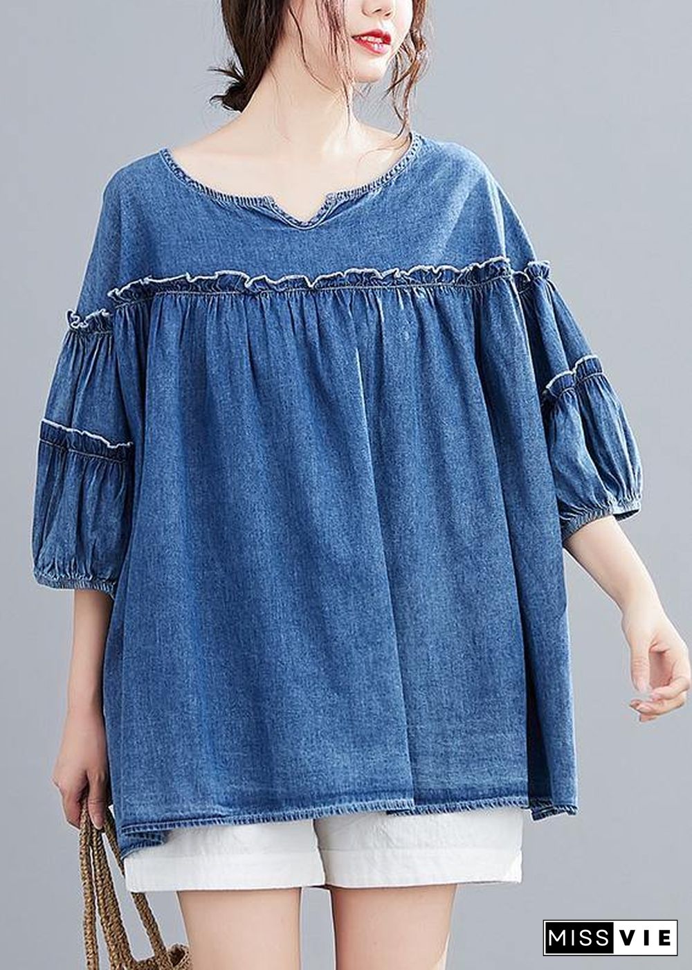 French v neck lantern sleeve cotton summer top Outfits denim blue shirts