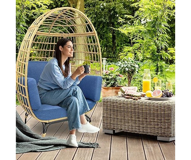 Serenelife Wicker Rattan Egg Chair Indoor Outdoor Blue Sofa Chair For Patio Backyard And Living Room With 4 Cushions And Powder Coated Steel Frame