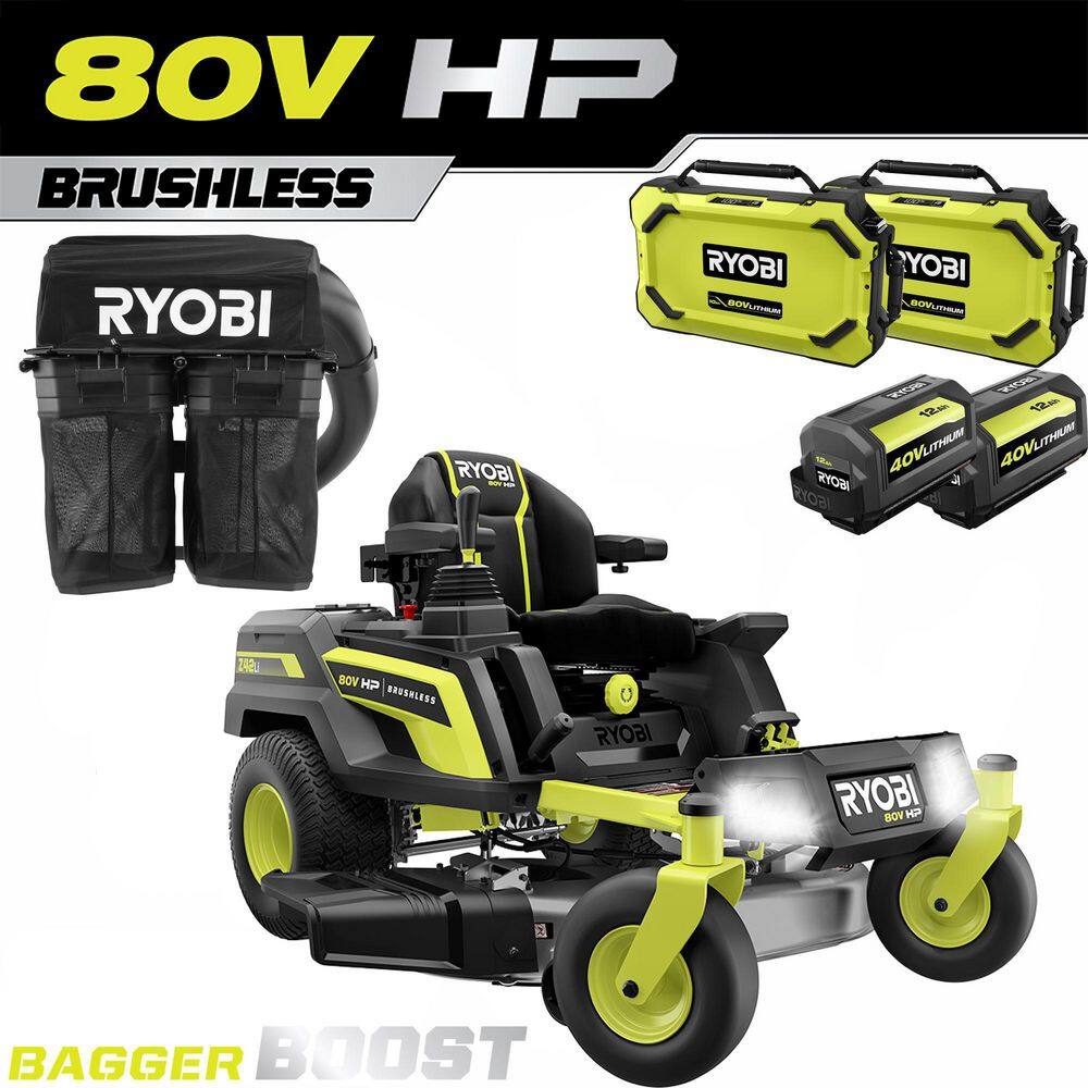 RYOBI 80V HP Brushless 42 in. Battery Electric Cordless Zero Turn Mower with Bagger with Boost 80V and 40V Batteries RYRM8021-2A