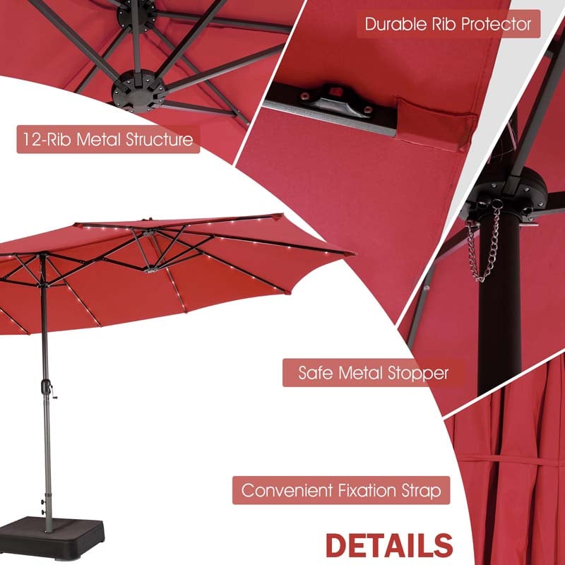 15 FT Double-Sided Patio Umbrella with 48 Solar Lights, Extra-Large Outdoor Twin Market Umbrella with Base