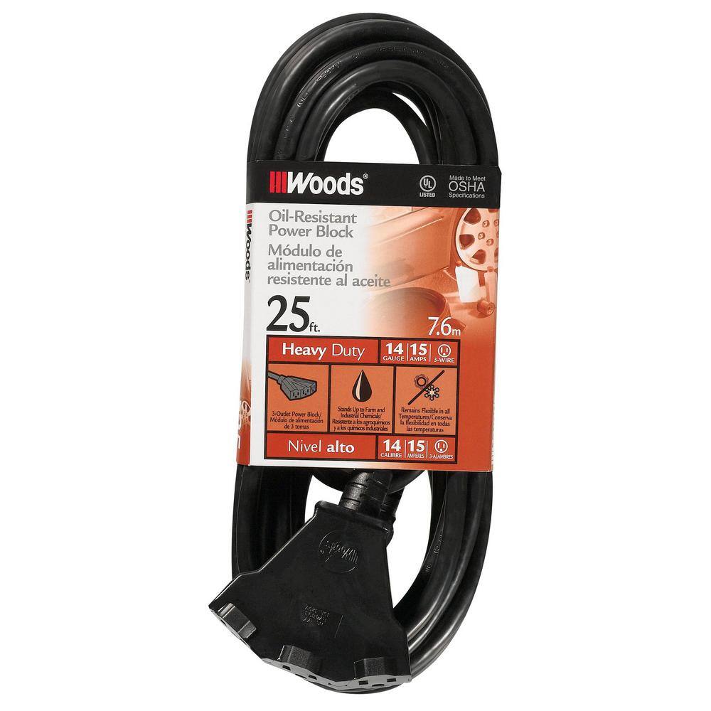 Woods 25 ft. 143 SJTOW Agricultural Outdoor Heavy-Duty Extension Cord with Power Block 2451