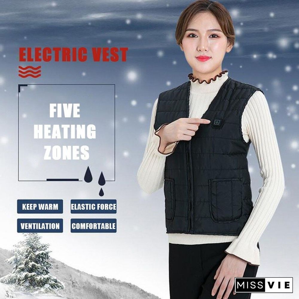 Women Autumn Winter Smart Heating Cotton Vest V Neck USB Smart Hiking Heated Vest Men Fishing Hunting Heat Sleeveless Jacket