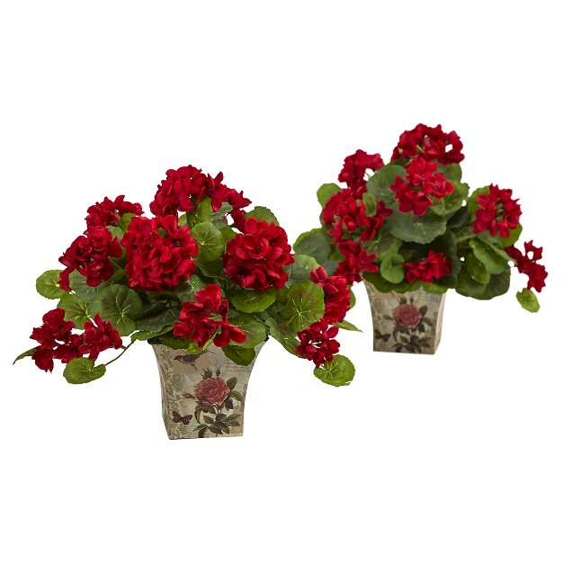 Geranium Flowering Silk Plant With Floral Planter set Of 2 Nearly Natural