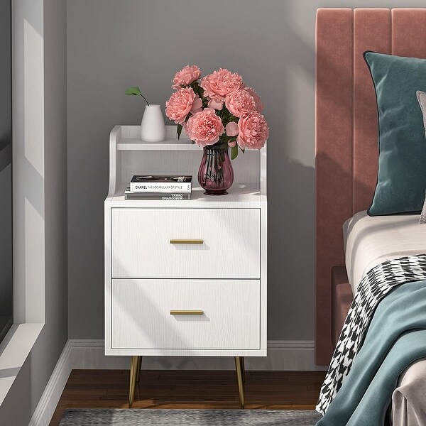 Modern White Nightstand， Bedside Table with 2 Drawers - - 34826832