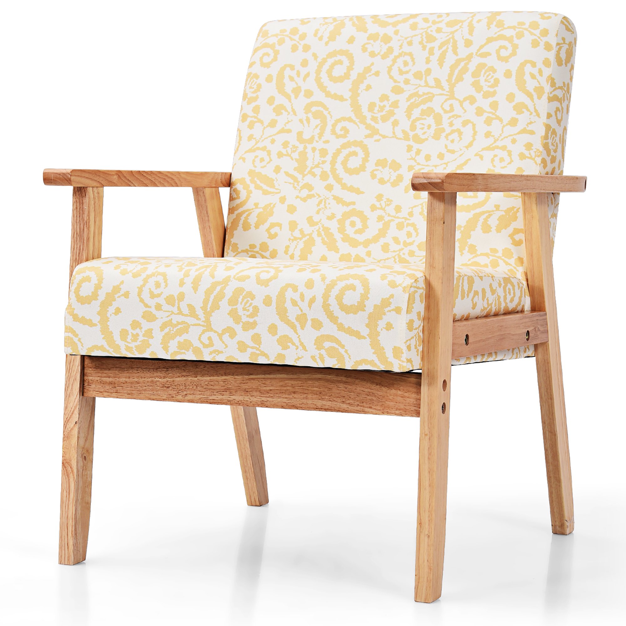 Costway Modern Accent Armchair Upholstered Lounge Chair with Rubber Wood Leg， Yellow Floral