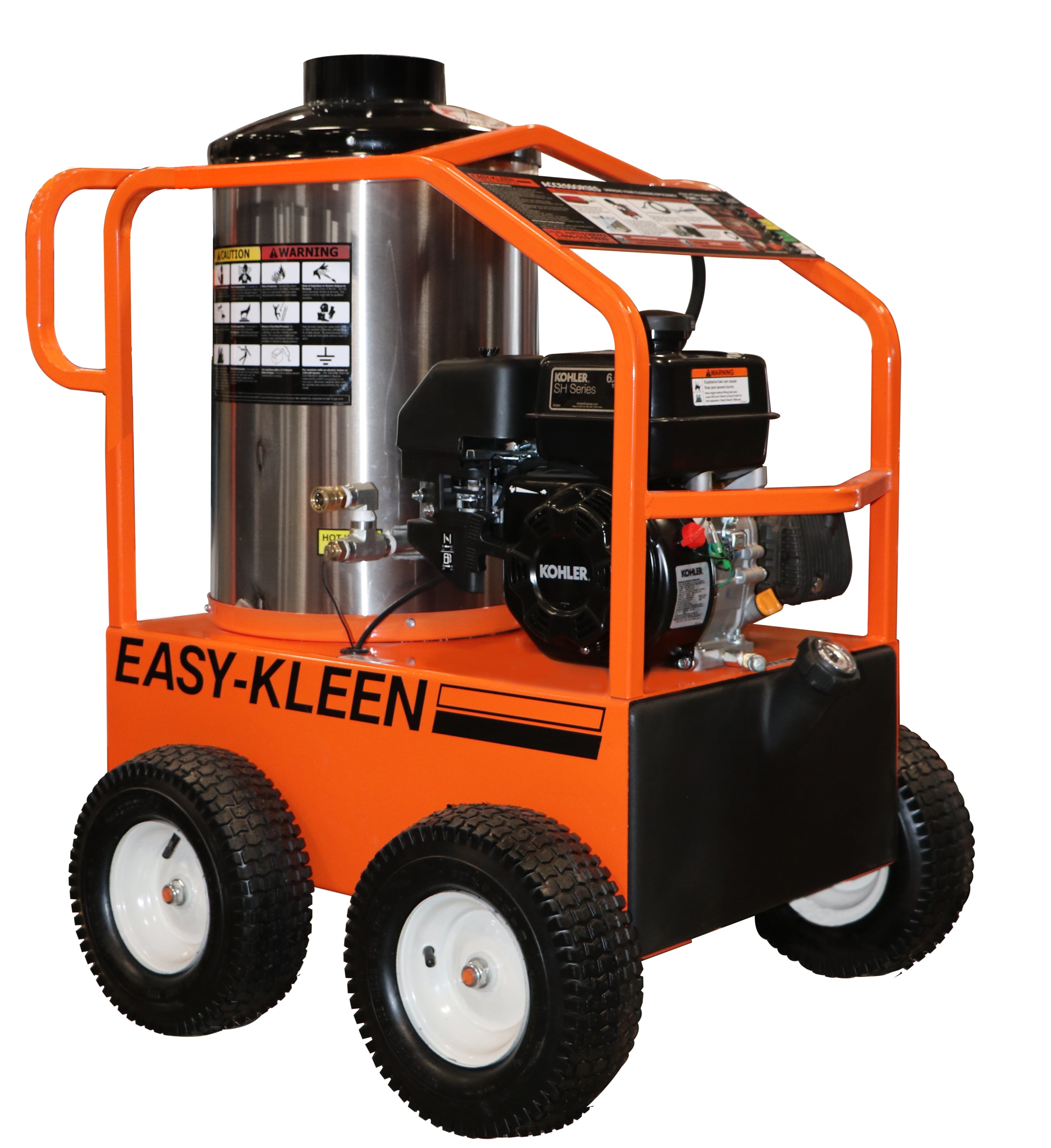 COMMERCIAL HOT WATER GAS PRESSURE WASHER, 6.5 HP RECOIL START KOHLER, 3 GPM @ 2700 PSI, 120 VOLT OIL FIRED BURNER, 300000 BTU