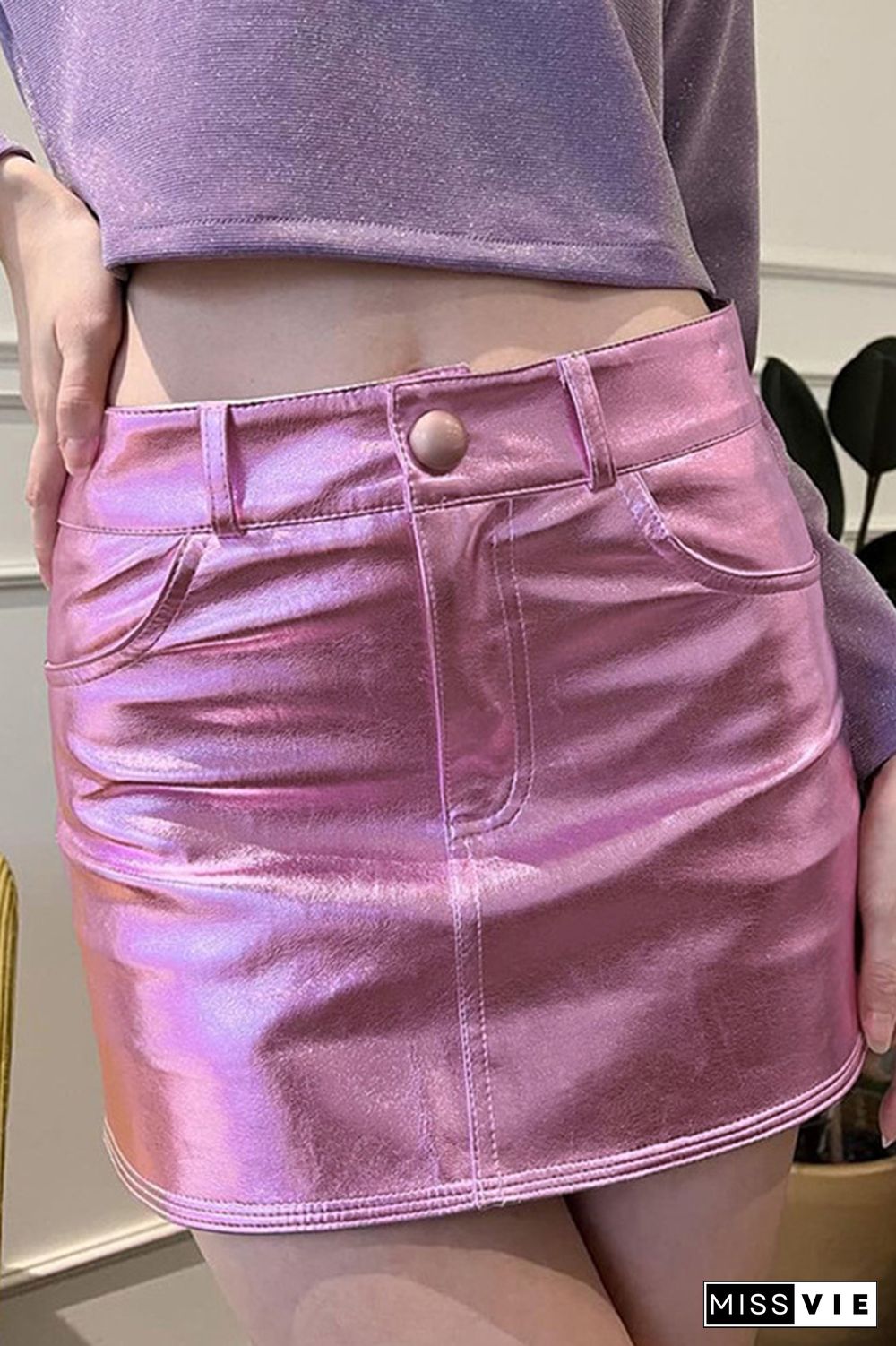 Shiny Button Closure Mini Skirt