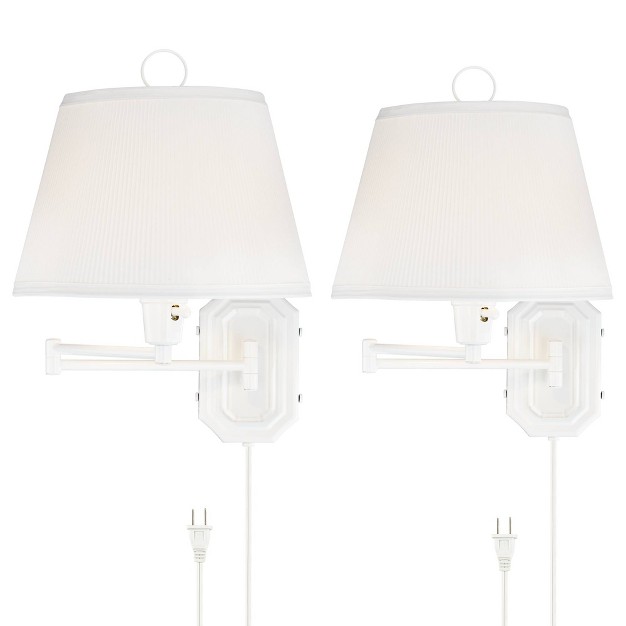 Barnes And Ivy Amelie Country Cottage Swing Arm Wall Lamps Set Of 2 White Plug in Light Fixture Pleated Fabric Bell Shade For Bedroom Living Room Home