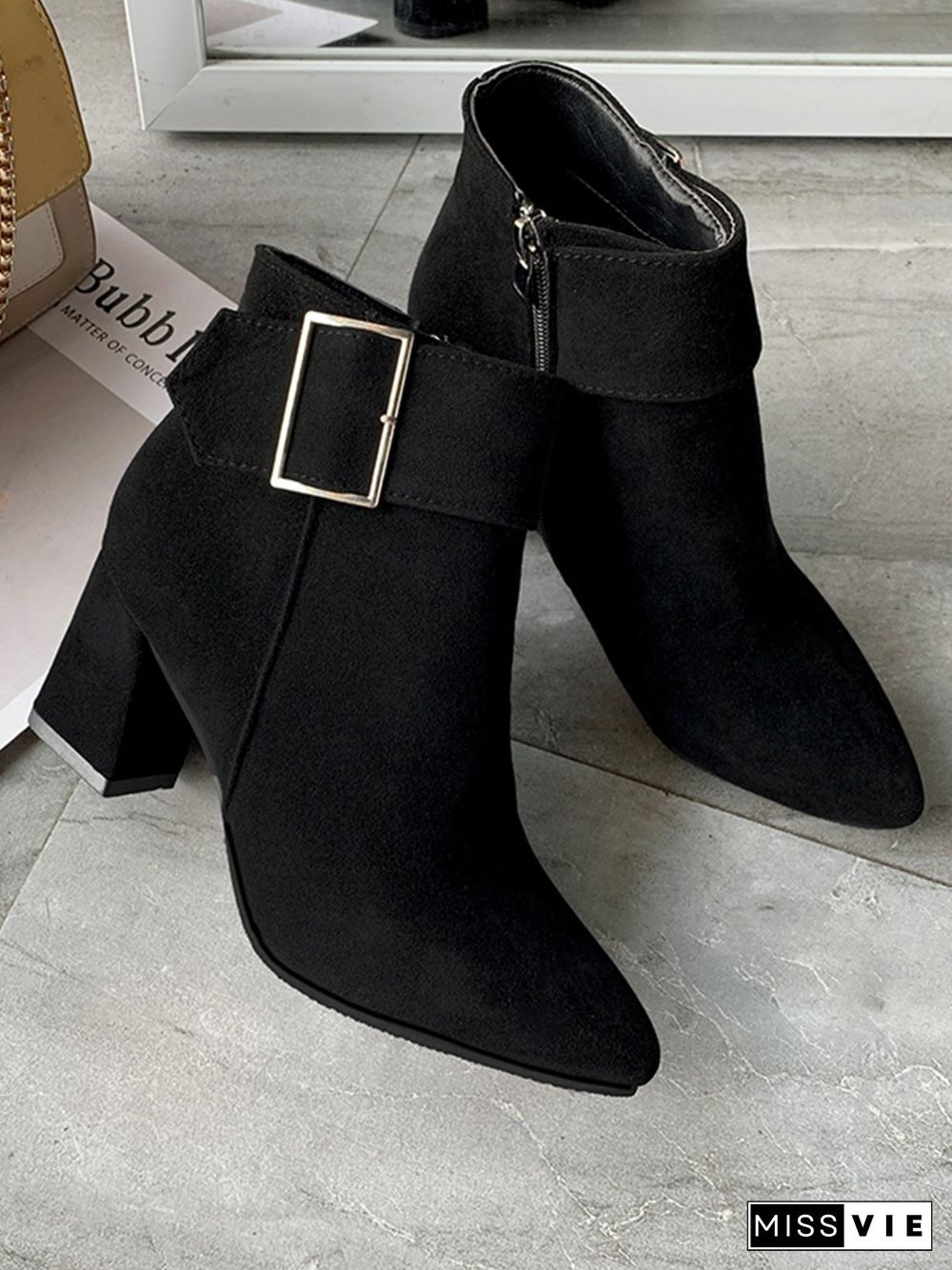 Chunky Heel Buckle Pointed-Toe Suede Martin Boots